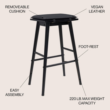 Peroni MidCentury Classic Saddle-Seat Solid Wood/Vegan Leather Backless Bar Stool with Removeable Cushion